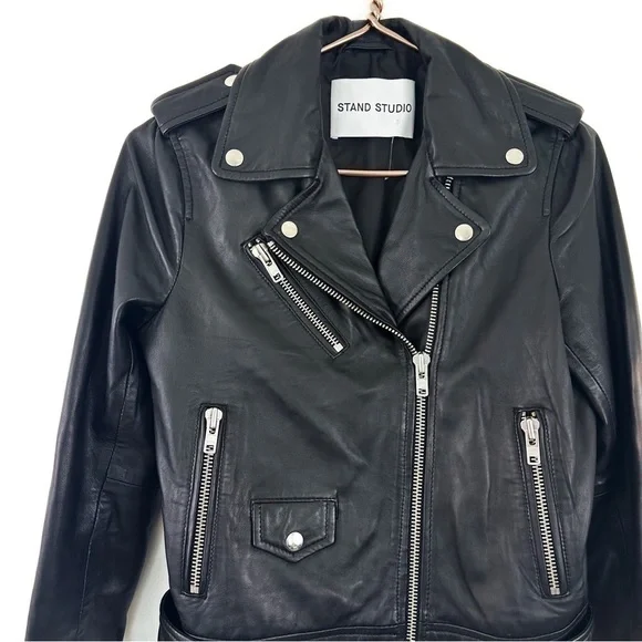 Stand Studio Polly Biker Black Leather Moto Jacket Womens 34 US XS 0 2 - Picture 4 of 12